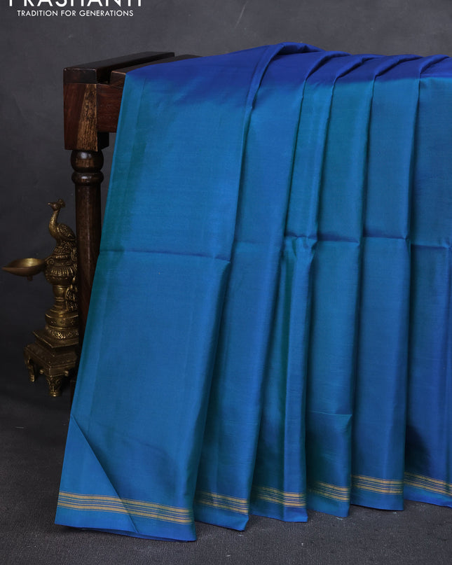 Pure Soft silk saree blue and orange with plain body and hand painted kalamkari pallu