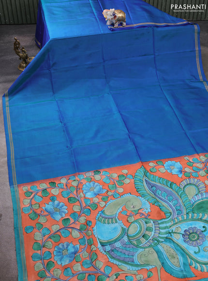 Pure Soft silk saree blue and orange with plain body and hand painted kalamkari pallu