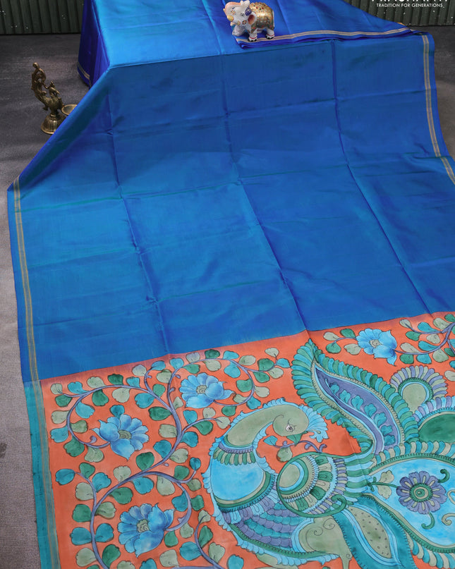 Pure Soft silk saree blue and orange with plain body and hand painted kalamkari pallu