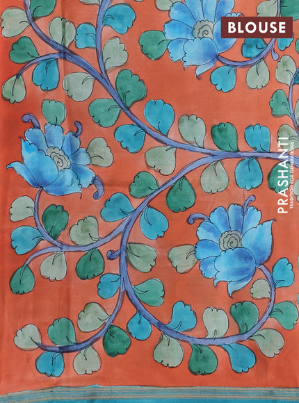 Pure Soft silk saree blue and orange with plain body and hand painted kalamkari pallu