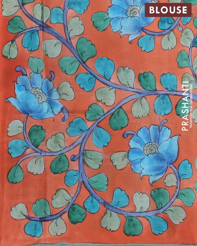 Pure Soft silk saree blue and orange with plain body and hand painted kalamkari pallu