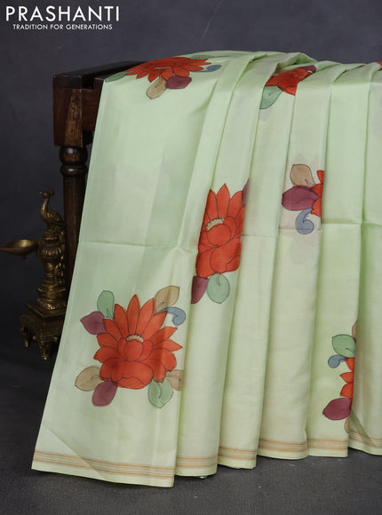 Pure Soft silk saree mild pista green and magenta pink with plain body and hand painted kalamkari pallu