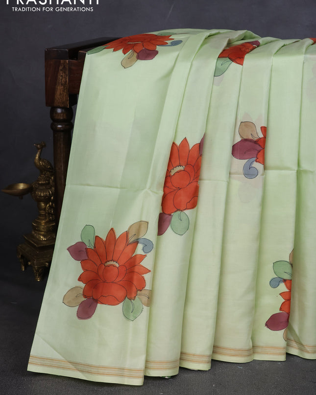 Pure Soft silk saree mild pista green and magenta pink with plain body and hand painted kalamkari pallu
