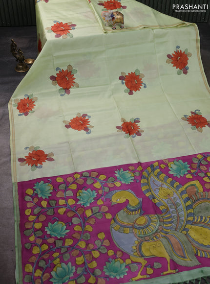 Pure Soft silk saree mild pista green and magenta pink with plain body and hand painted kalamkari pallu