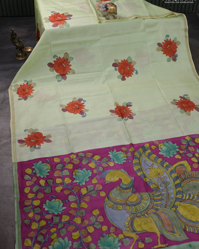 Pure Soft silk saree mild pista green and magenta pink with plain body and hand painted kalamkari pallu