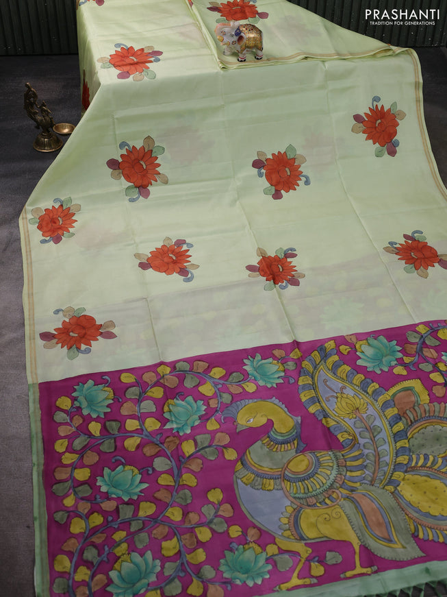 Pure Soft silk saree mild pista green and magenta pink with plain body and hand painted kalamkari pallu
