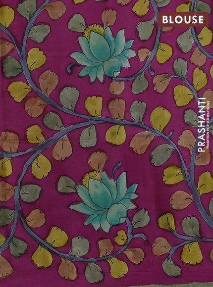 Pure Soft silk saree mild pista green and magenta pink with plain body and hand painted kalamkari pallu