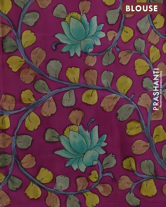 Pure Soft silk saree mild pista green and magenta pink with plain body and hand painted kalamkari pallu