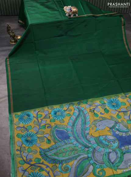 Pure Soft silk saree green and yellow with plain body and hand painted kalamkari pallu