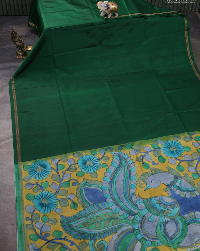 Pure Soft silk saree green and yellow with plain body and hand painted kalamkari pallu
