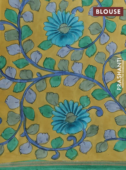 Pure Soft silk saree green and yellow with plain body and hand painted kalamkari pallu