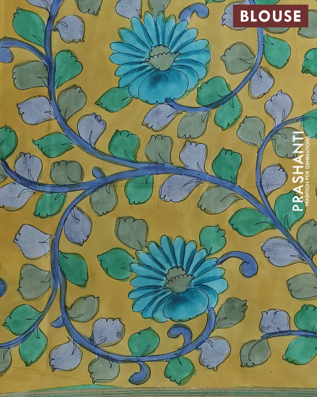Pure Soft silk saree green and yellow with plain body and hand painted kalamkari pallu