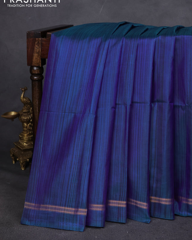 Pure Soft silk saree blue and orange with stripes pattern and hand painted kalamkari pallu