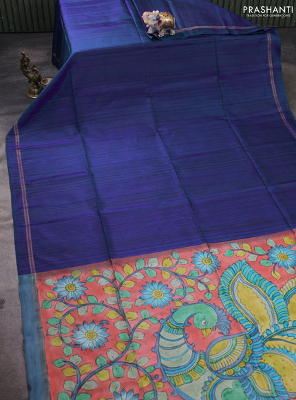 Pure Soft silk saree blue and orange with stripes pattern and hand painted kalamkari pallu