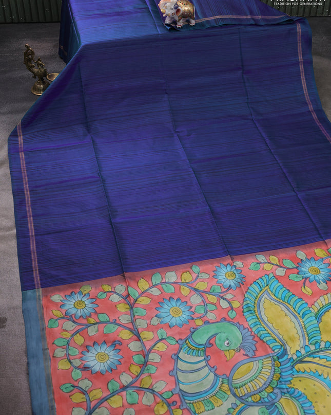 Pure Soft silk saree blue and orange with stripes pattern and hand painted kalamkari pallu