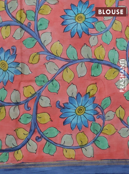 Pure Soft silk saree blue and orange with stripes pattern and hand painted kalamkari pallu