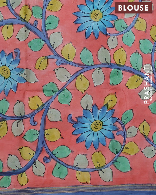 Pure Soft silk saree blue and orange with stripes pattern and hand painted kalamkari pallu