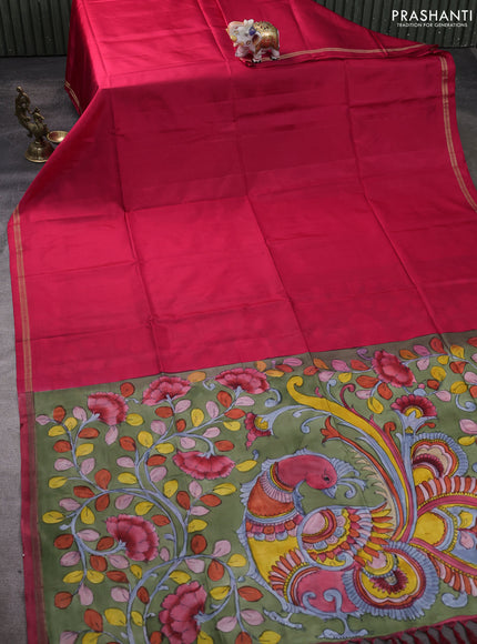 Pure Soft silk saree pink and sap green with plain body and hand painted kalamkari pallu