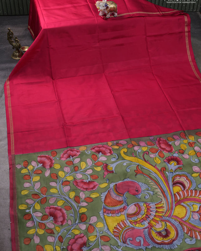 Pure Soft silk saree pink and sap green with plain body and hand painted kalamkari pallu