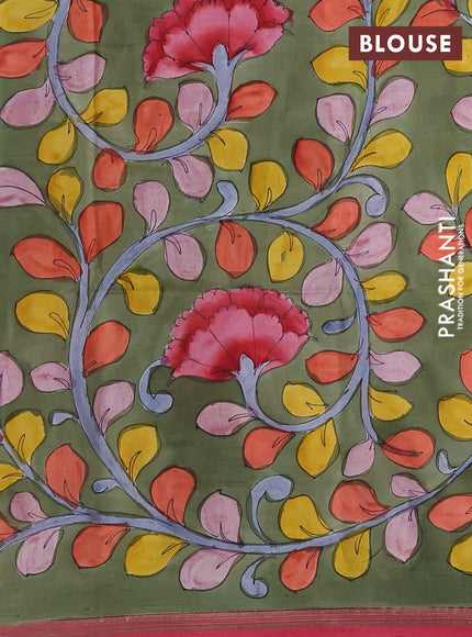 Pure Soft silk saree pink and sap green with plain body and hand painted kalamkari pallu