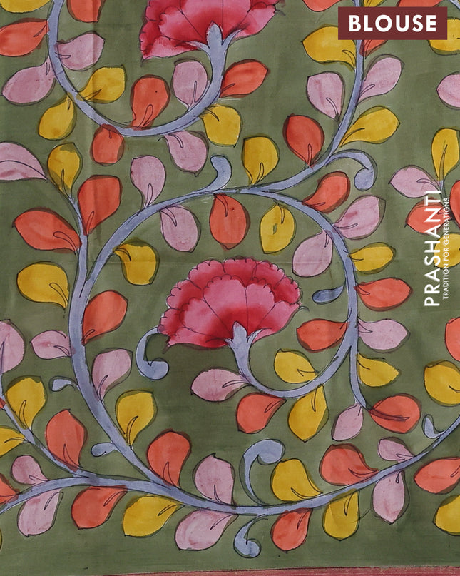 Pure Soft silk saree pink and sap green with plain body and hand painted kalamkari pallu