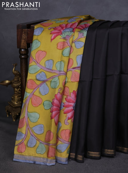 Pure Soft silk saree black and yellow with plain body and hand painted kalamkari pallu