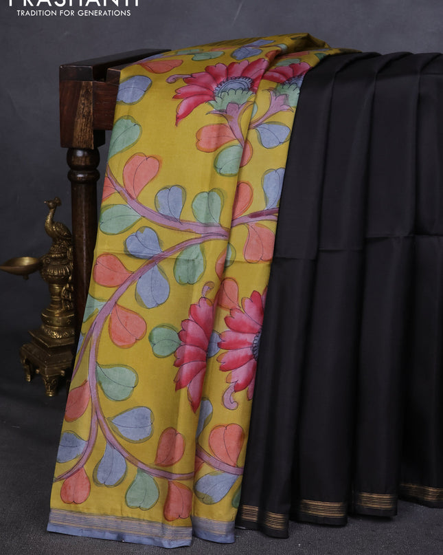 Pure Soft silk saree black and yellow with plain body and hand painted kalamkari pallu