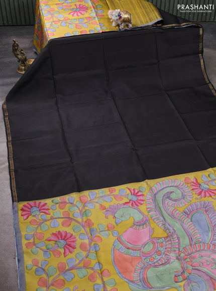 Pure Soft silk saree black and yellow with plain body and hand painted kalamkari pallu
