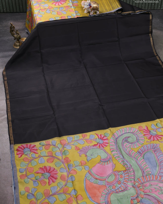 Pure Soft silk saree black and yellow with plain body and hand painted kalamkari pallu