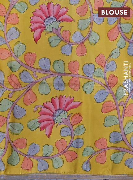 Pure Soft silk saree black and yellow with plain body and hand painted kalamkari pallu