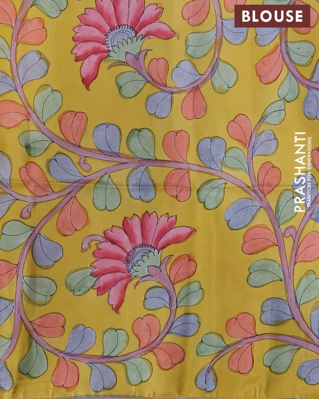 Pure Soft silk saree black and yellow with plain body and hand painted kalamkari pallu