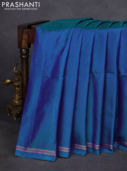 Pure Soft silk saree peacock blue and yellow with plain body and hand painted kalamkari pallu
