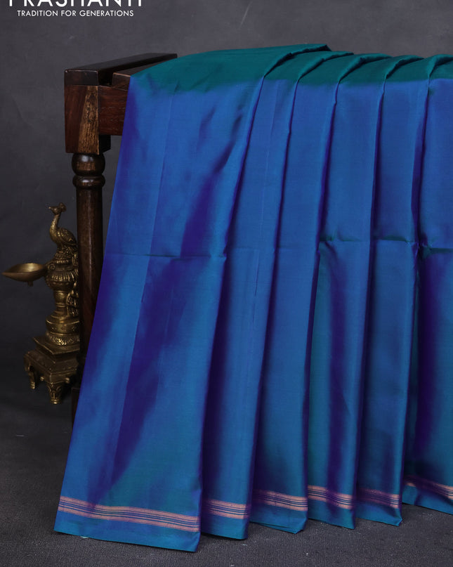 Pure Soft silk saree peacock blue and yellow with plain body and hand painted kalamkari pallu