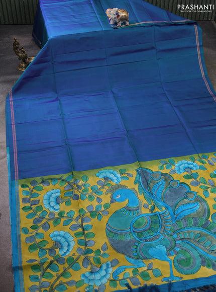 Pure Soft silk saree peacock blue and yellow with plain body and hand painted kalamkari pallu
