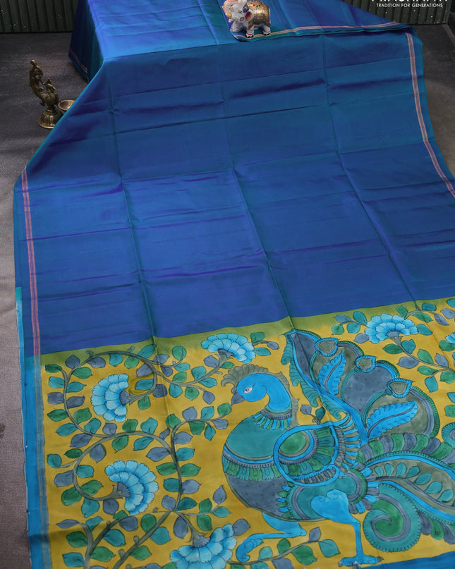 Pure Soft silk saree peacock blue and yellow with plain body and hand painted kalamkari pallu