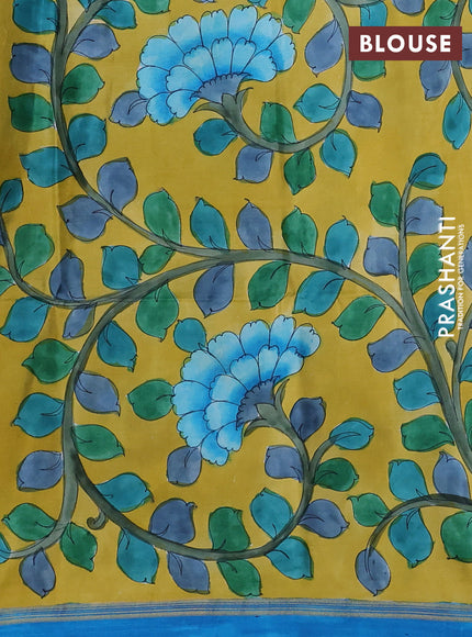 Pure Soft silk saree peacock blue and yellow with plain body and hand painted kalamkari pallu