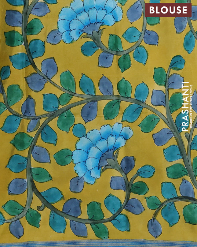 Pure Soft silk saree peacock blue and yellow with plain body and hand painted kalamkari pallu