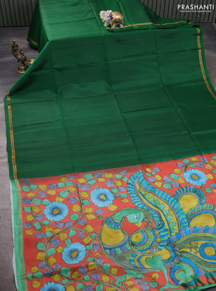 Pure Soft silk saree green and orange with plain body and hand painted kalamkari pallu