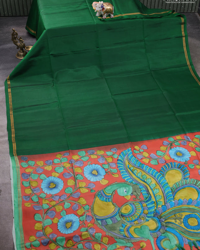 Pure Soft silk saree green and orange with plain body and hand painted kalamkari pallu