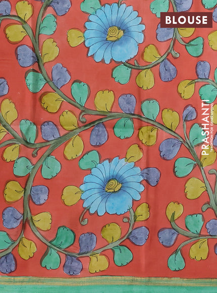 Pure Soft silk saree green and orange with plain body and hand painted kalamkari pallu