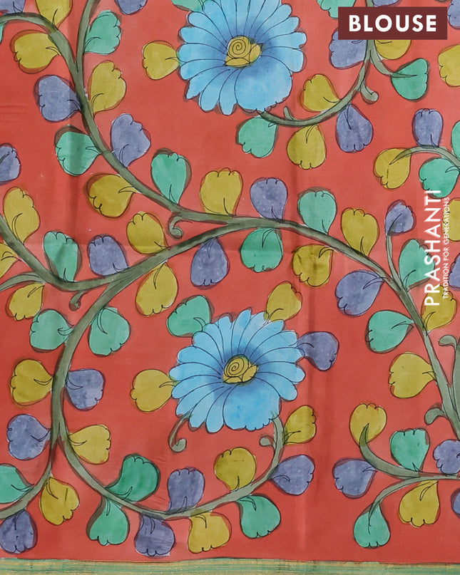 Pure Soft silk saree green and orange with plain body and hand painted kalamkari pallu