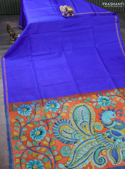 Pure Soft silk saree royal blue and orange with plain body and hand painted kalamkari pallu
