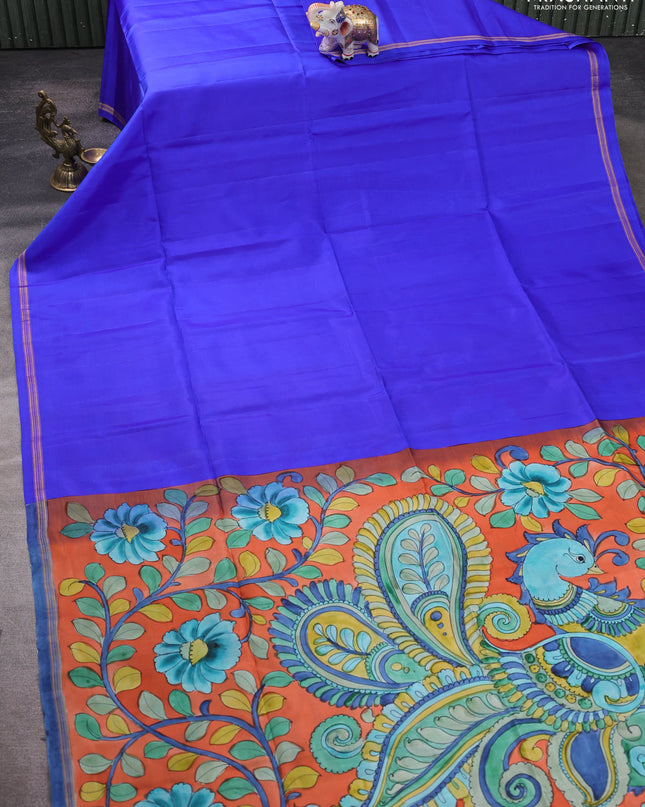 Pure Soft silk saree royal blue and orange with plain body and hand painted kalamkari pallu