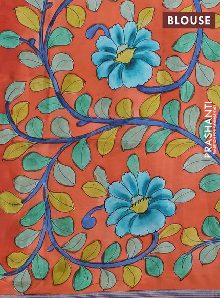 Pure Soft silk saree royal blue and orange with plain body and hand painted kalamkari pallu