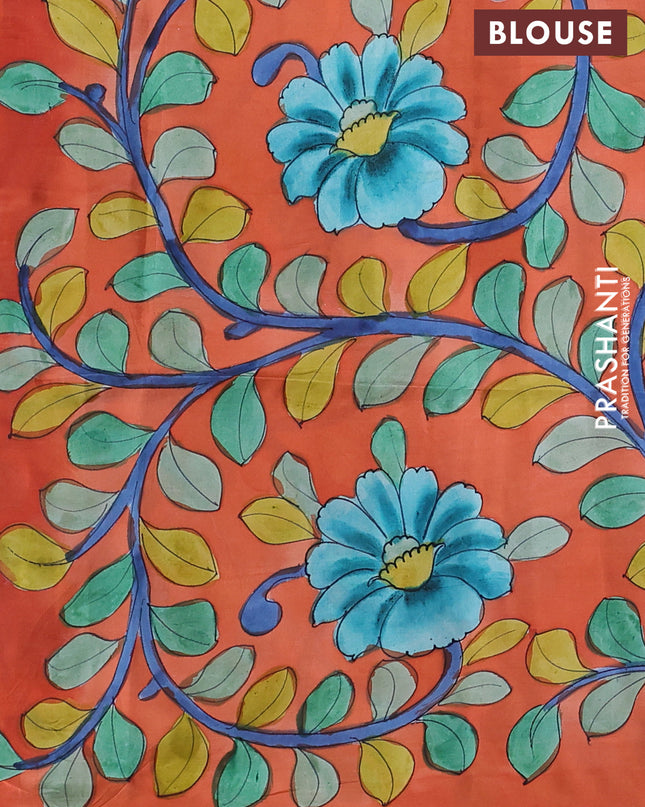 Pure Soft silk saree royal blue and orange with plain body and hand painted kalamkari pallu