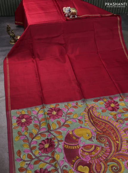 Pure Soft silk saree red and pastel green with plain body and hand painted kalamkari pallu