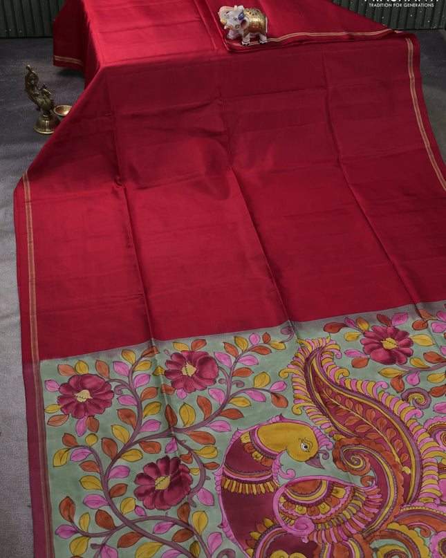 Pure Soft silk saree red and pastel green with plain body and hand painted kalamkari pallu
