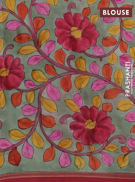Pure Soft silk saree red and pastel green with plain body and hand painted kalamkari pallu