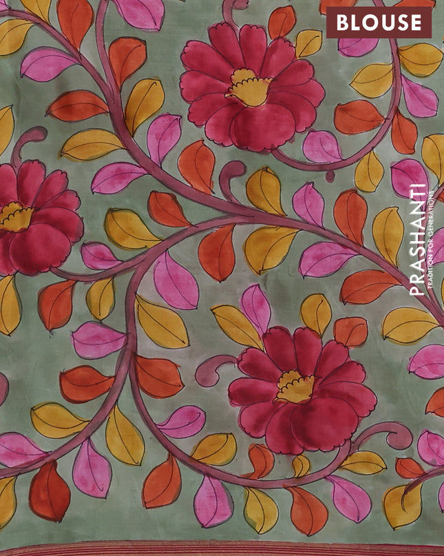 Pure Soft silk saree red and pastel green with plain body and hand painted kalamkari pallu