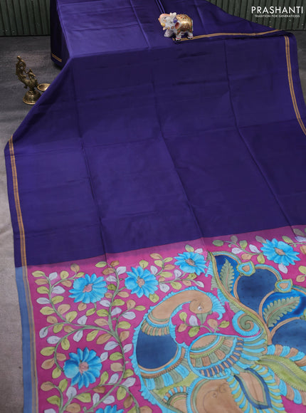 Pure Soft silk saree blue and magenta pink with plain body and hand painted kalamkari pallu